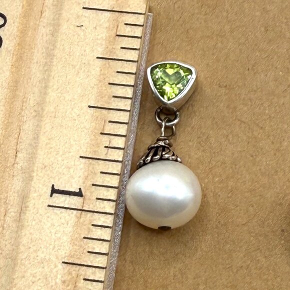 Sterling Silver Green Peridot White Pearl Drop Earrings 925 Pierced Posts - Picture 3 of 9